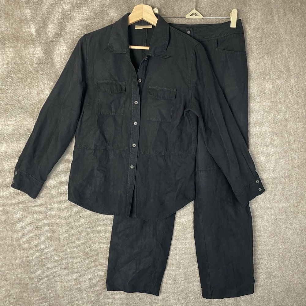 Kate Hill Women's 2PC Black Pant Suit Size PL Petite Long Sleeve Button Up